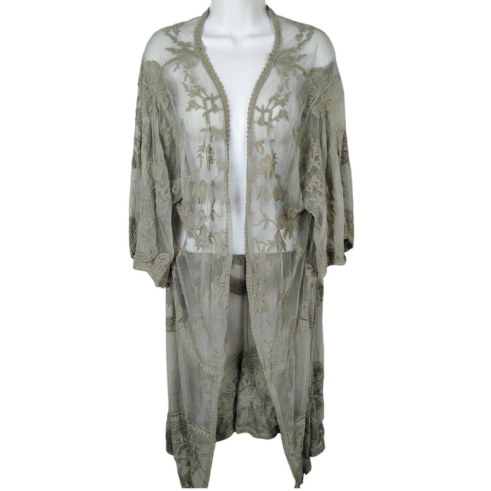 POL Olive Green Sheer Embroidered Long Cardigan